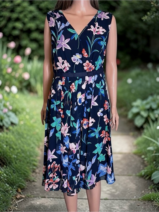 Talbots Dresses & Skirts - Talbots Navy Black Floral Midi Dress Size 6 Sleeveless Lined Sheer Overlay